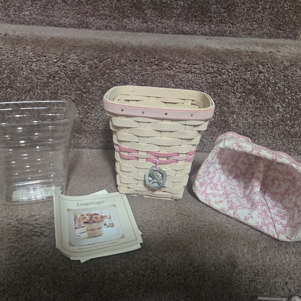 Longaberger Horizon of Hope Basket with Pink Trim and Accessories and Boyds Bear
